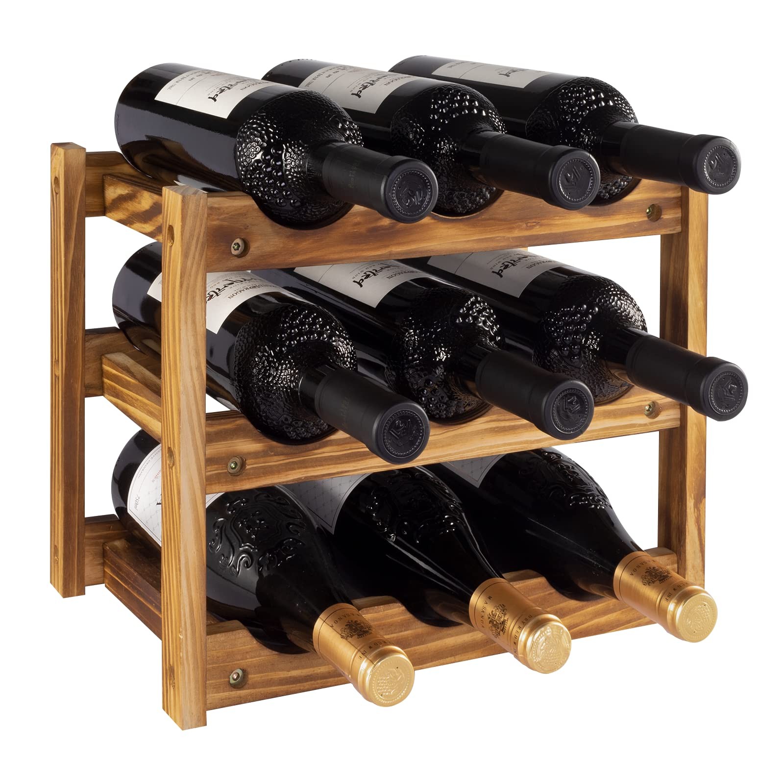 Wine Rack 9 Bottle 3-Tier Wood Wine Storage Easy-Assembly Space-Saving for Wine