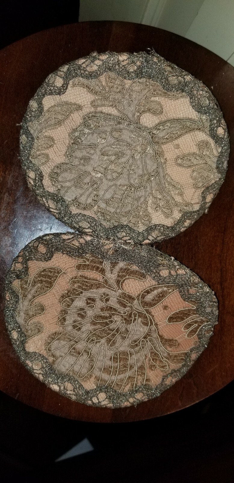 ANTIQUE PAIR FRENCH METALLIC LACE EMBROIDERED CANDLE SHADE SHIELDS HALF SHADES