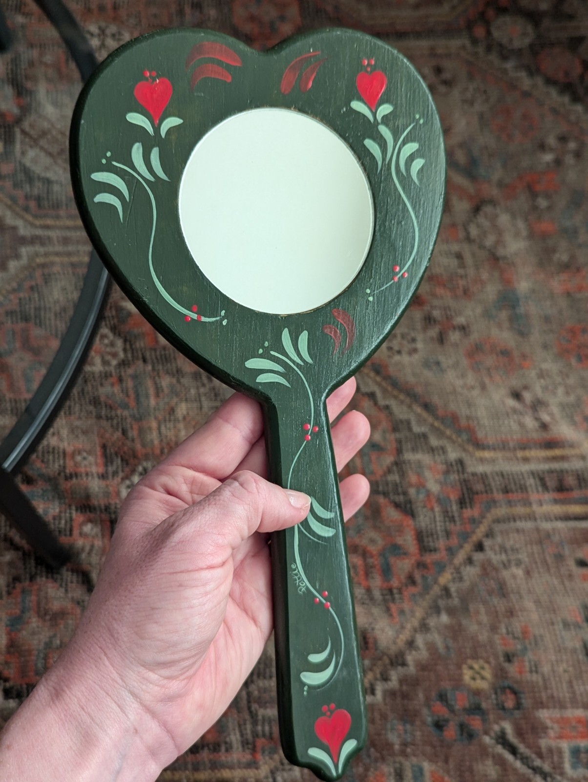 Vtg Hand Mirror Vanity Folk Art Handmade Home Green Wood Tole Painted Floral