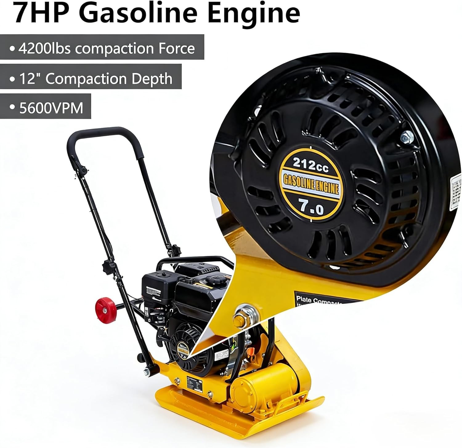 Plate Compactor 6.5HP,4,200Lbs Force, 5,600 VPM for Soil,Gravel,212CC Gas Engine