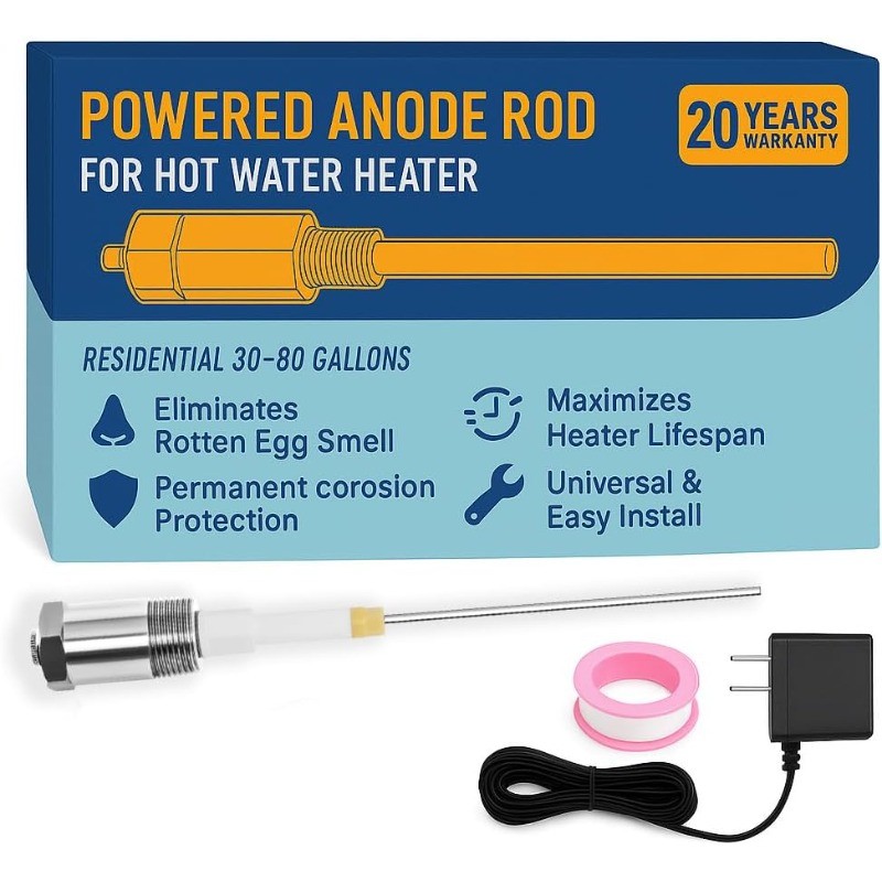 Powered Anode Rod for Hot Water Heater, Stops Corrosion Eliminates Rotten Egg