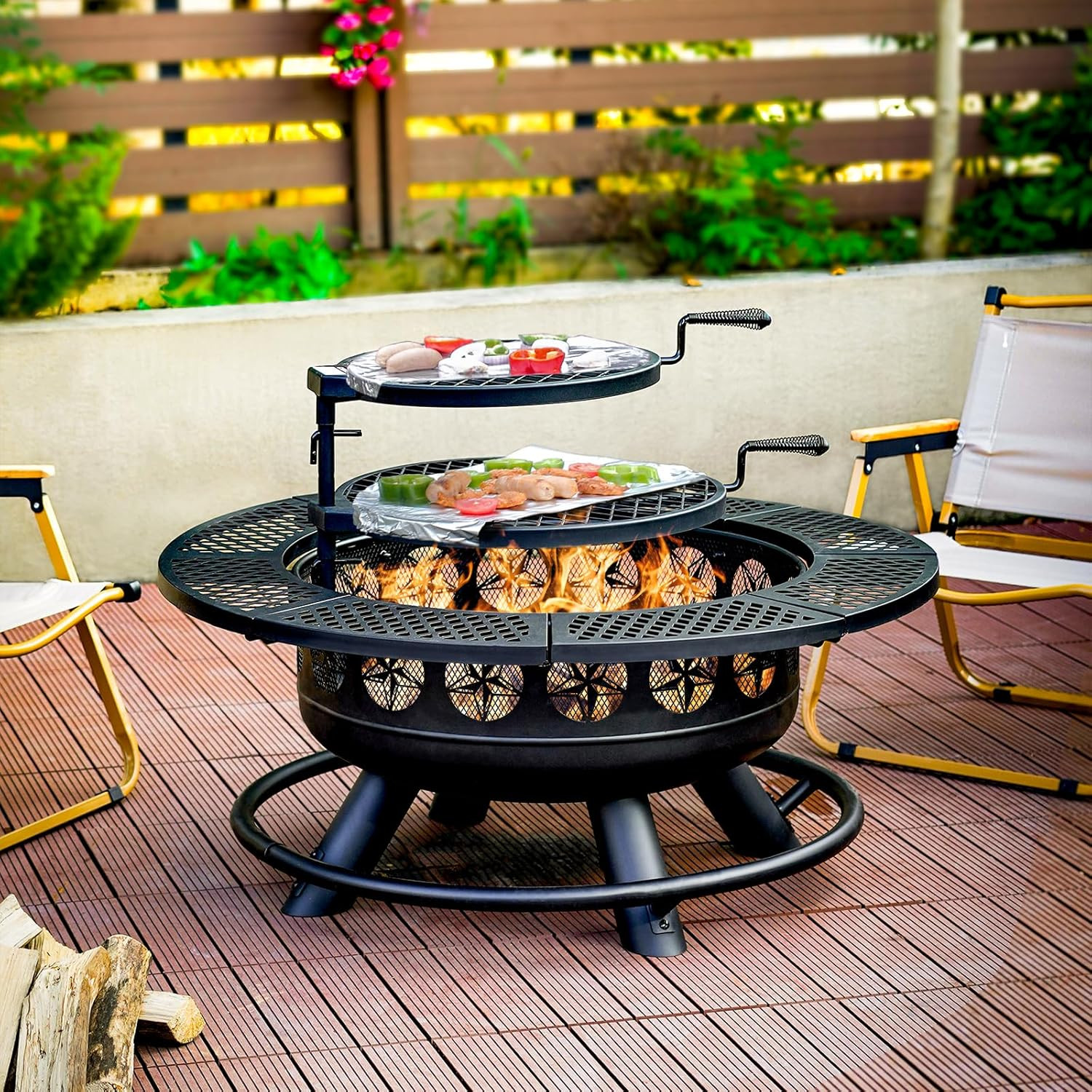 36 Inch Fire Pit with 2 Grills, Outdoor Wood Burning Firepit with Lid Metal Roun
