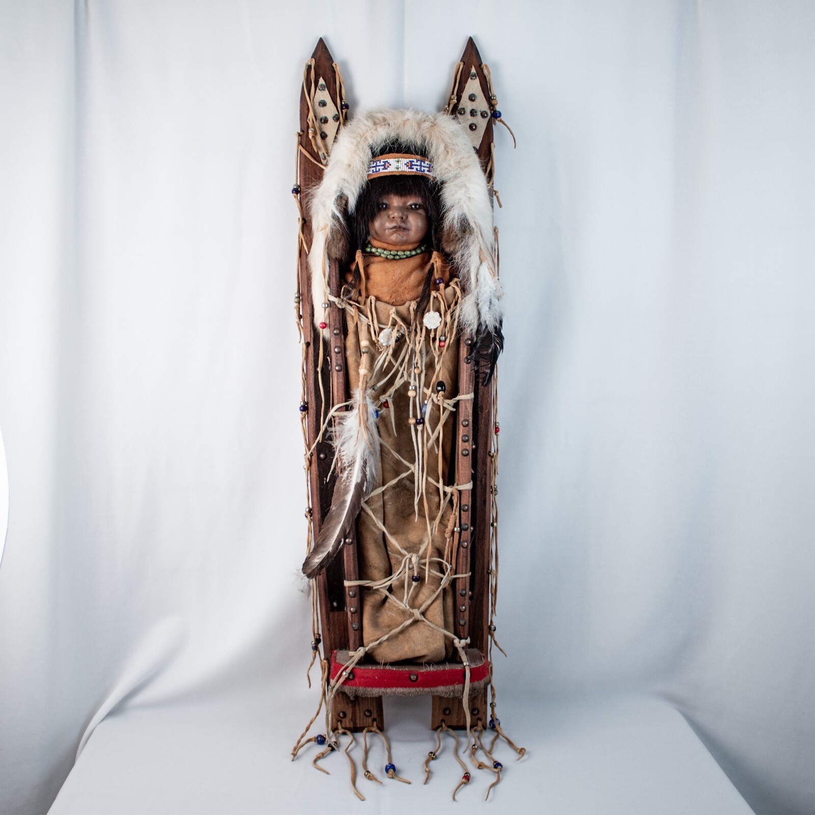 Vintage 1960's ALASKA Handcraft Eskimo Papoose Doll Cradle Large 39"L x 9.5"W