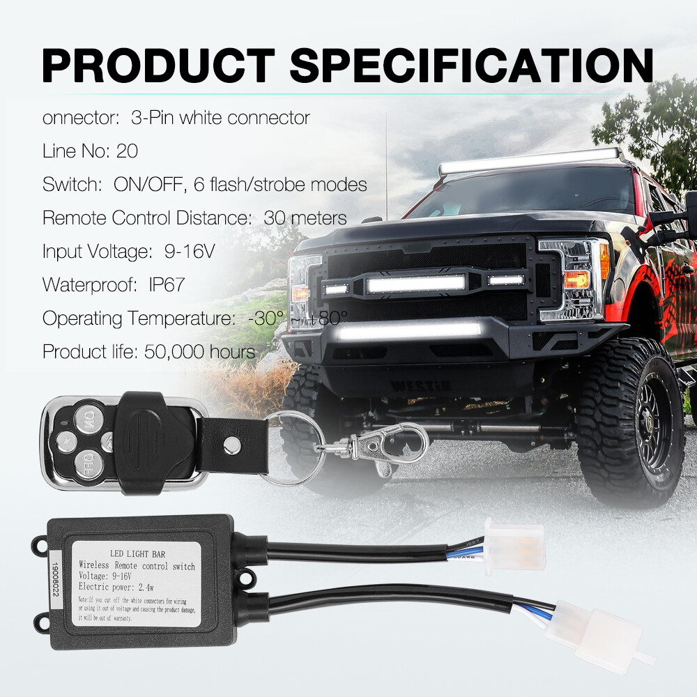 Wireless Remote Control Switch Strobe + 2-Lead Wiring Harness Kit LED Light Bar