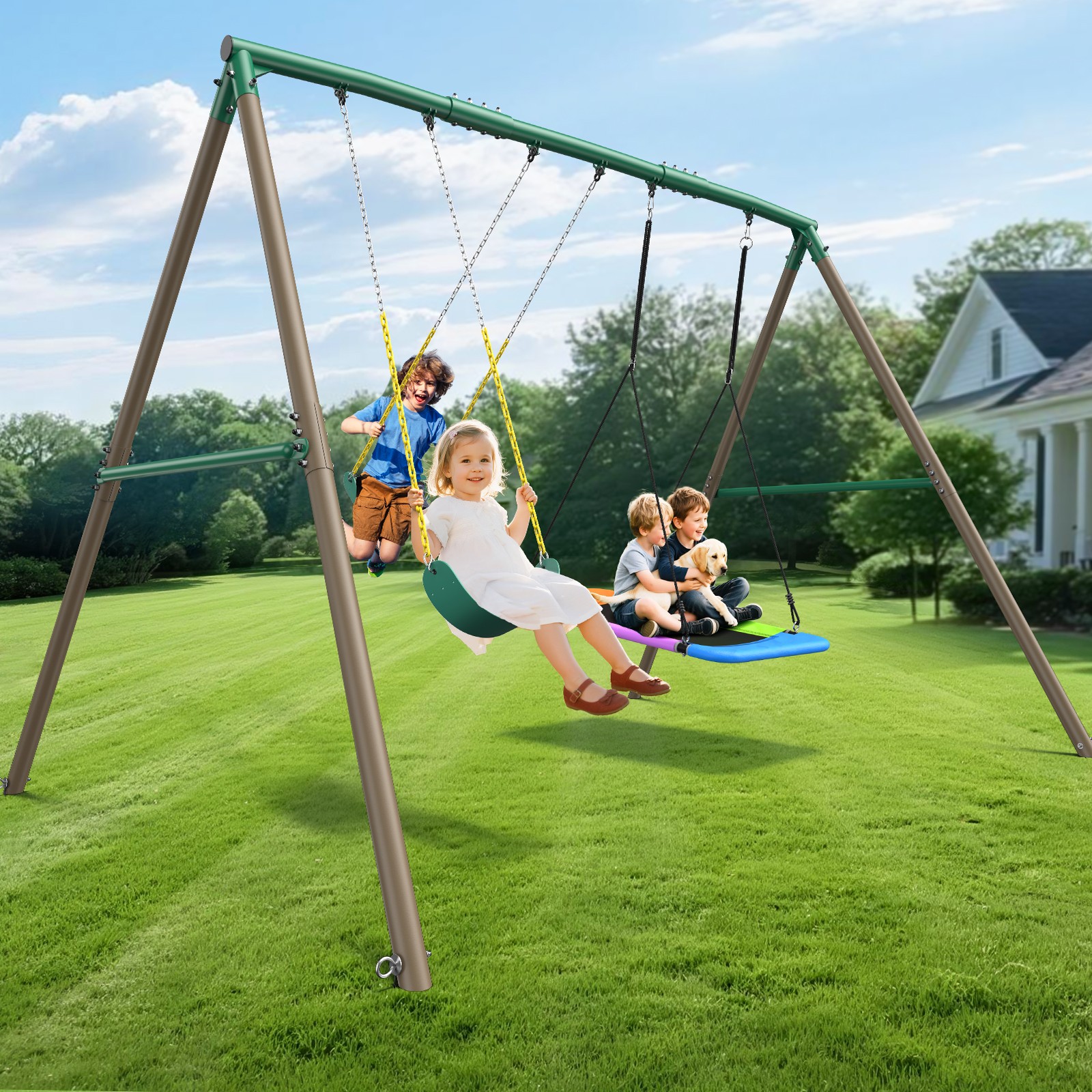 600lb 7.3ft Tall Heavy Duty Metal Swing Set with 3 Swings Kids Outdoor Swing Set