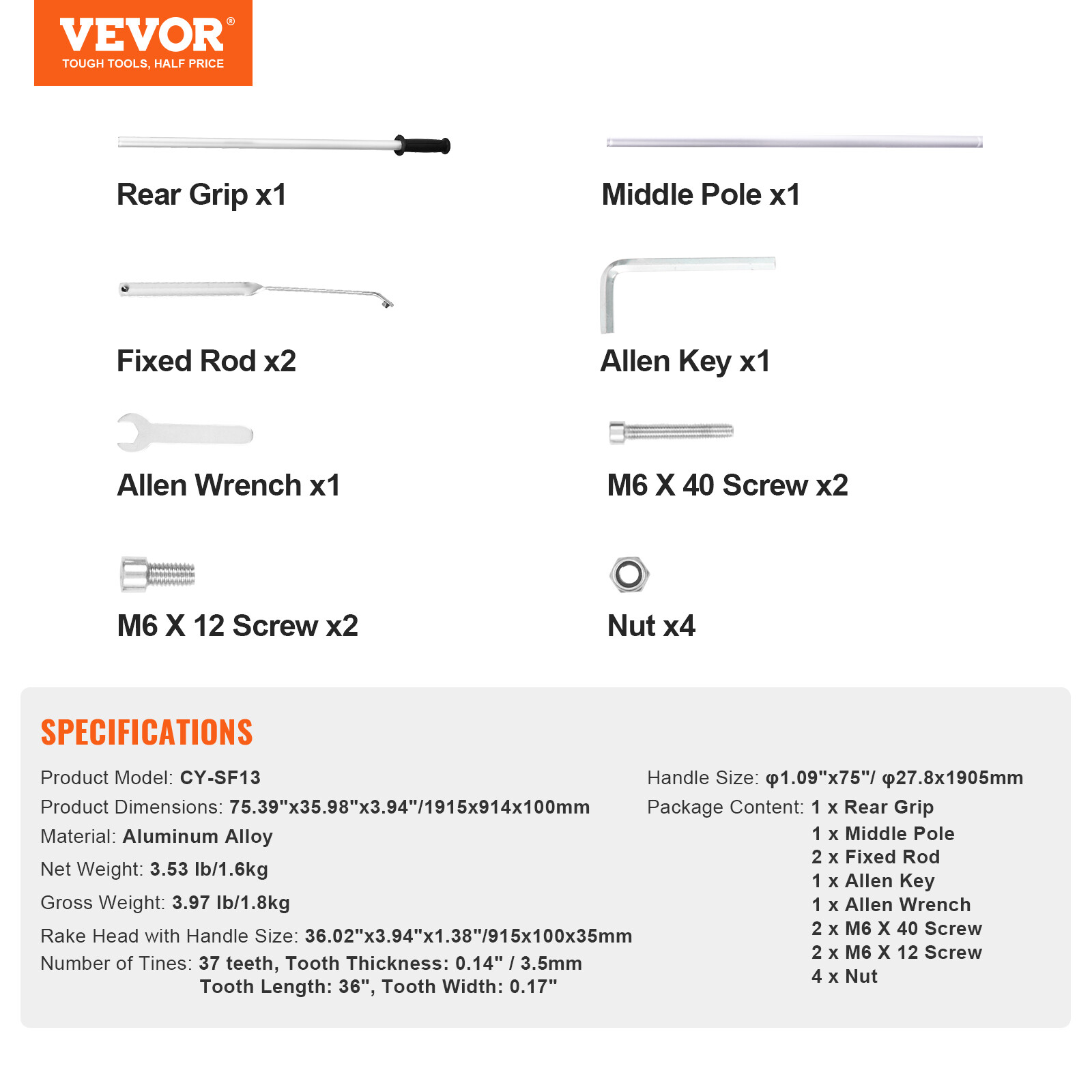 VEVOR Landscape Rake 36" Head Aluminum Landscape Rake 75" Adjustable Handle