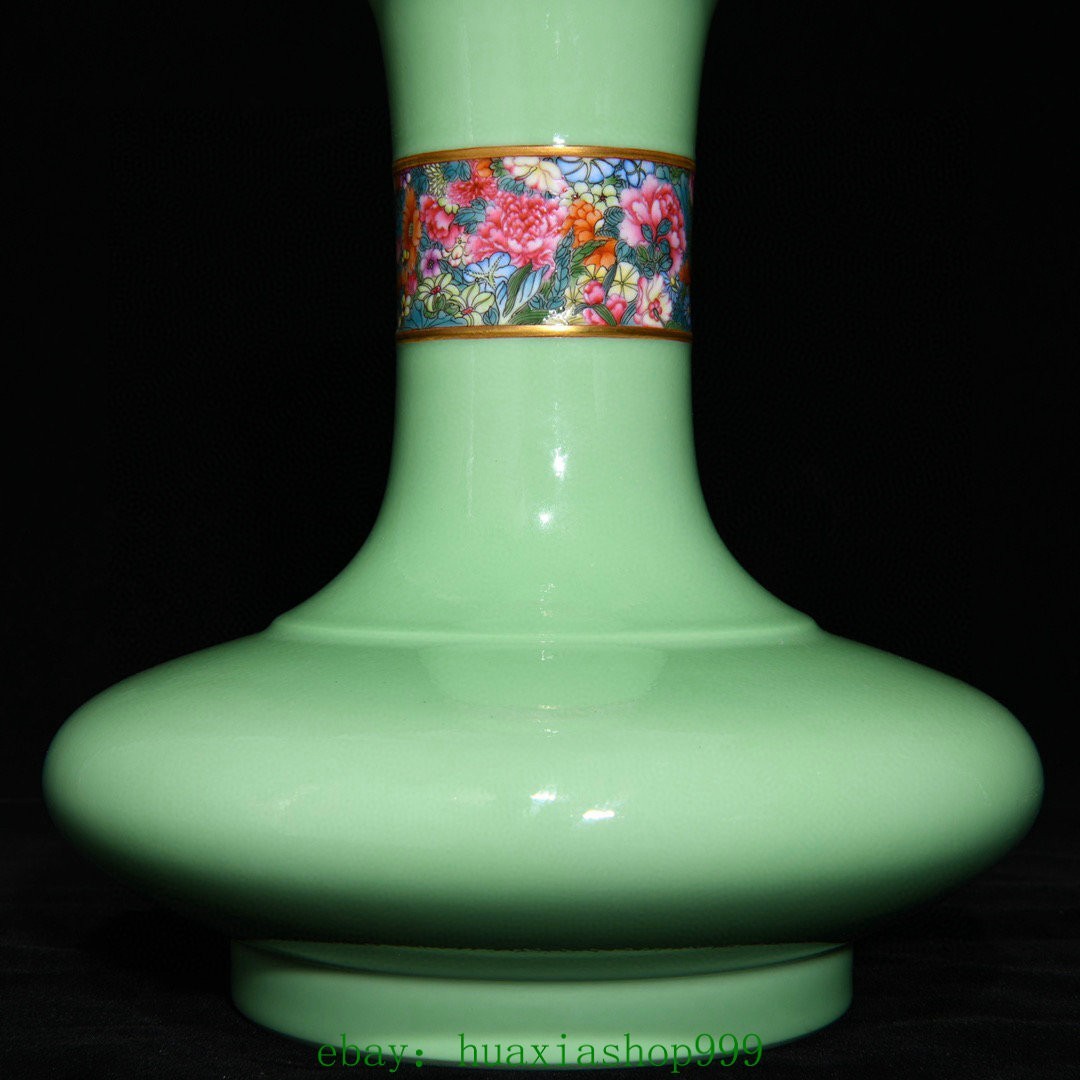 9.2"Old Green Glaze Famille Rose Porcelain Gilt Flower Pattern Bottle Vase