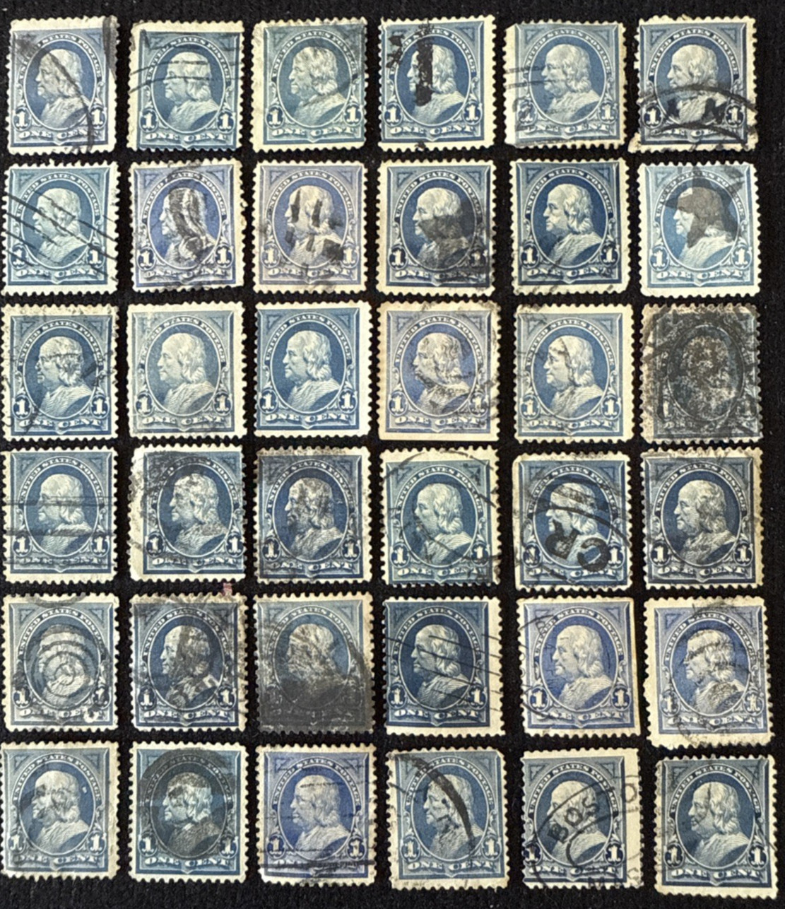 1894 US 2 Random 1c Franklin Stamps W/Different Cancel Used, SC#247 (CV $8)
