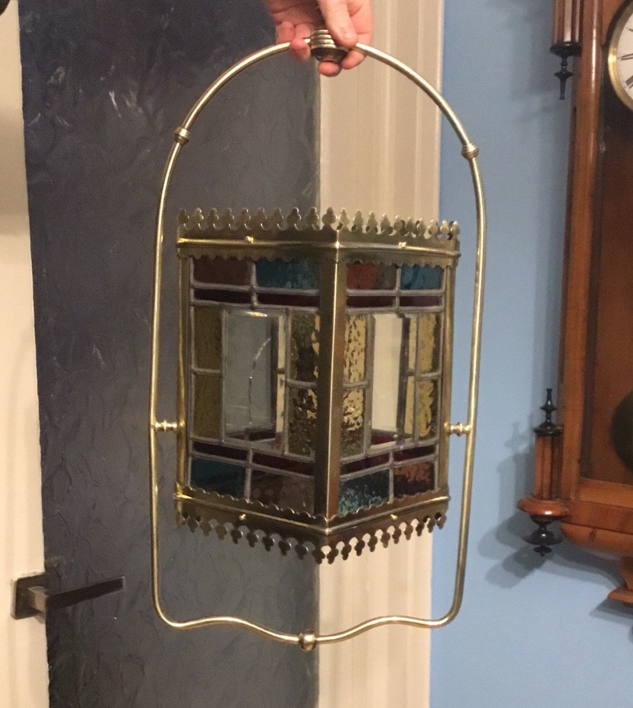 A BEAUTIFUL ANTIQUE BRASS & STAINED GLASS HALL LANTERN ,circa-1870.