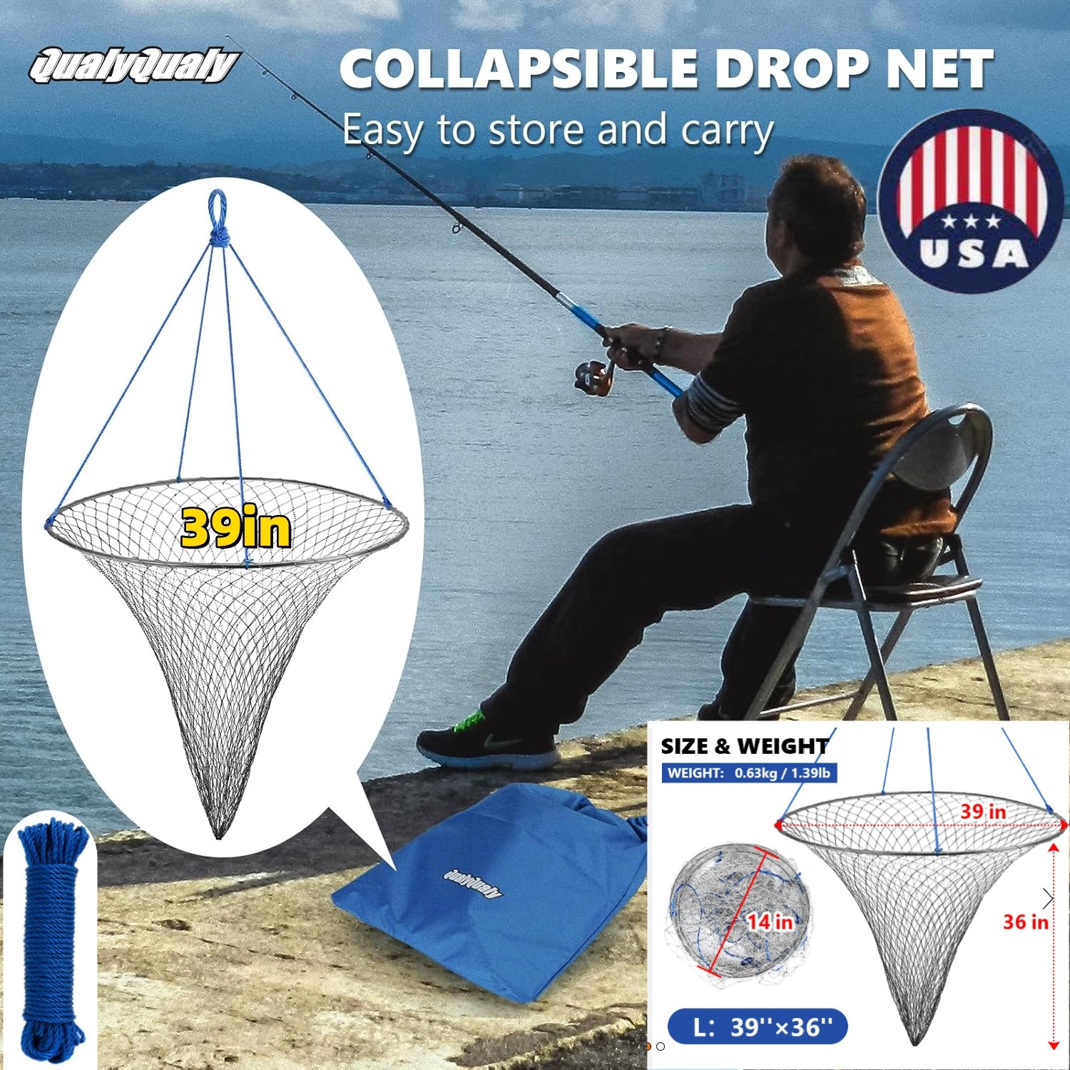 Bridge and Pier Fishing Net with Foldable Drop Net, Steel Hoop and Nylon Mesh