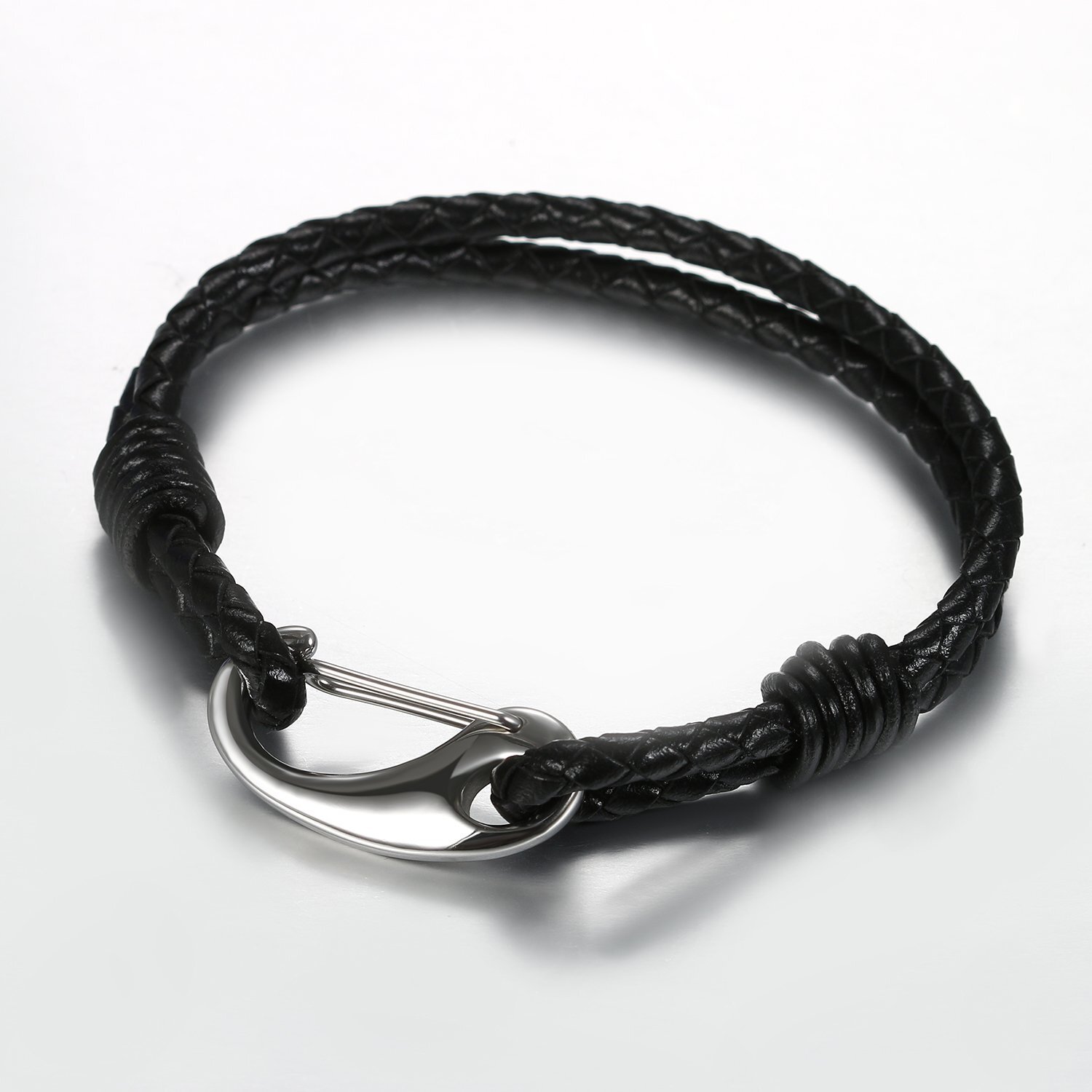 Braided Black Leather Men's Bracelet Wristband w Silver Stainless Steel Clasp