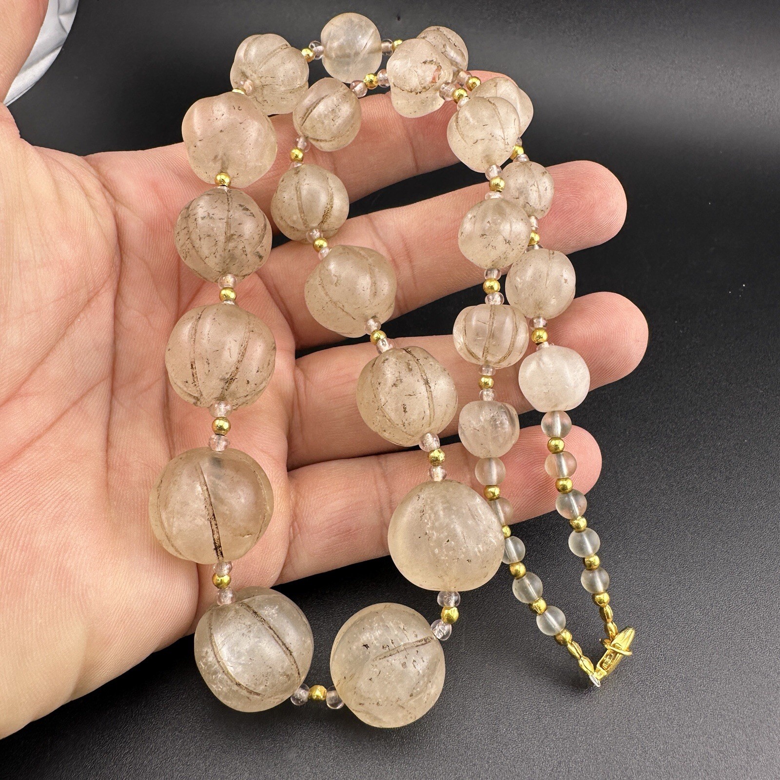 Old Himalayan Regions Crystals ￼ Beads Carving Gold Plated Beads Necklace Rare