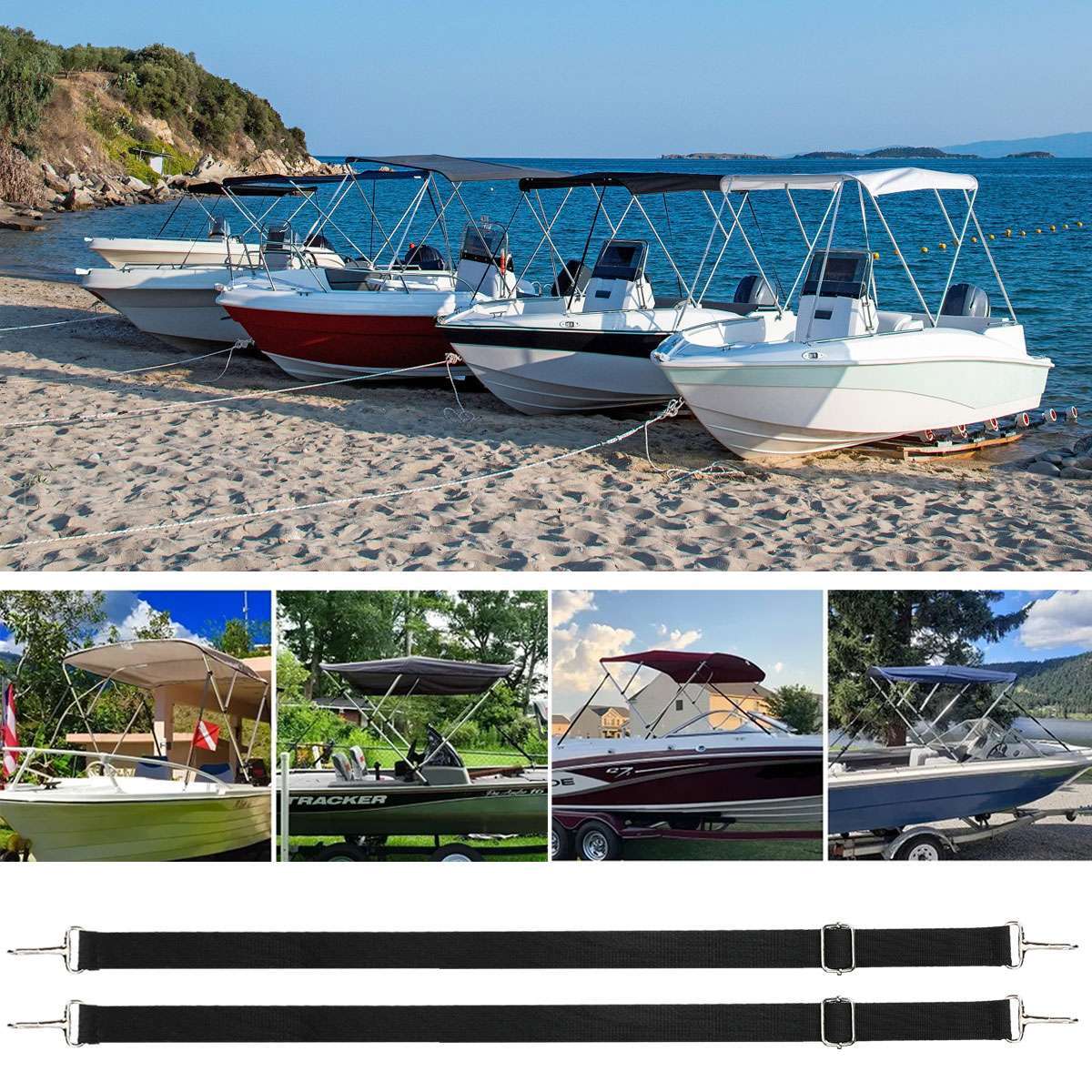 2x Adjustable for Bimini Boat Top Straps Loops & Snap Hook Stainless Steel