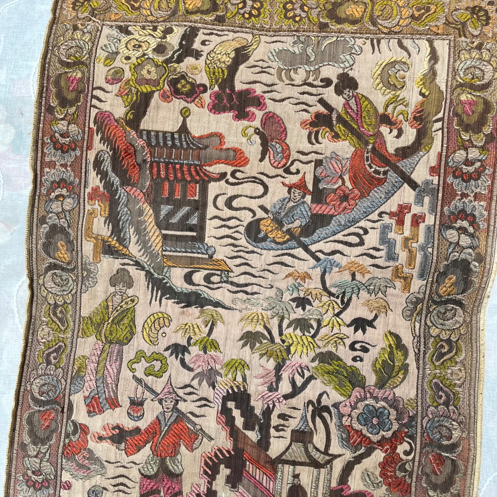 Vintage Asian Silk Hand Embroidered Textile 48 x 17 Panel Runner Pagoda Scene