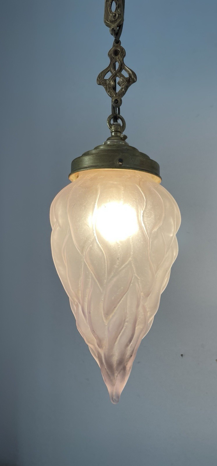 Art Deco French Ceiling Light With Hand Blown Flame Shade And Brass Fitting