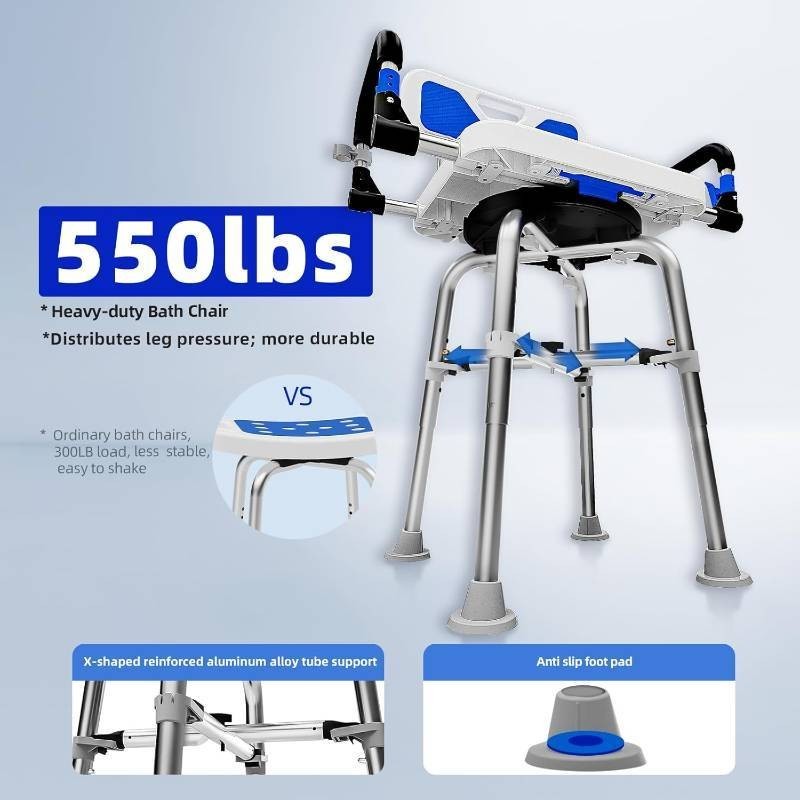 500lb Rotating Shower Chair w Arms & Back 360 Swivel Seat Aluminum XY‑K406