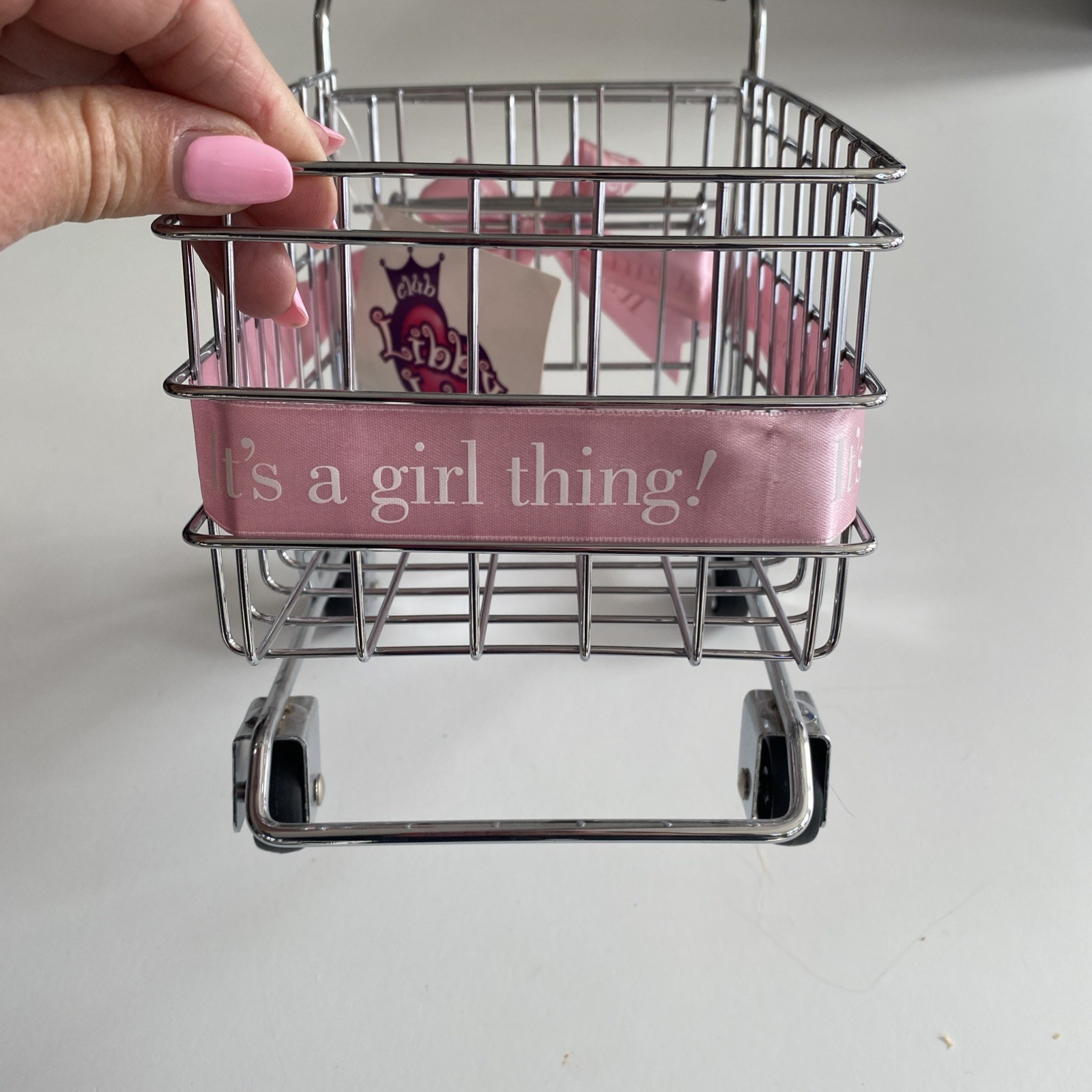 NWT CLUB LIBBY LU ITS A GIRL THING Metal Shopping Cart PINK RIBBON MOVEABLE SEAT