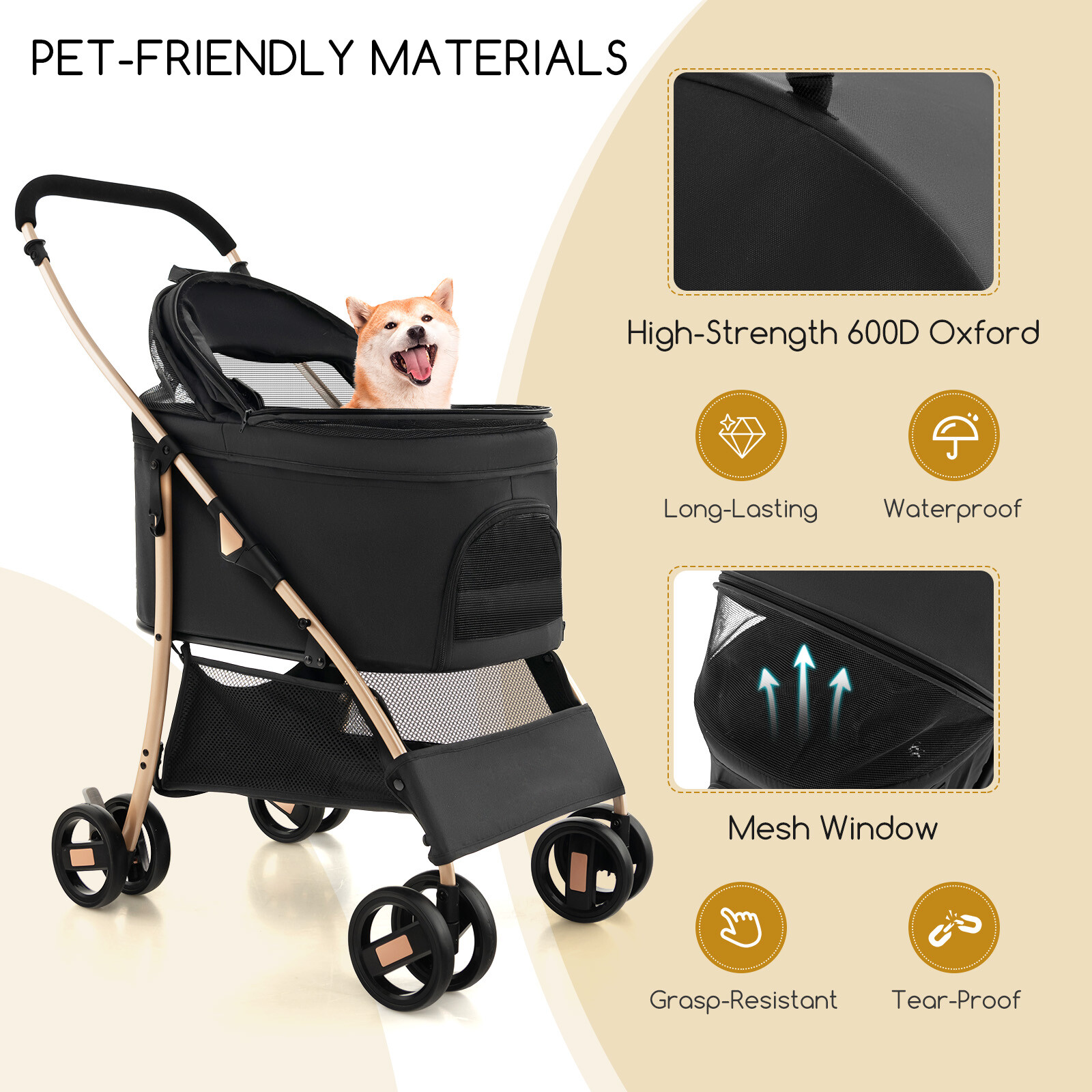 3-in-1 Foldable Pet Stroller with Storage Basket, Removable Car Seat Carrier