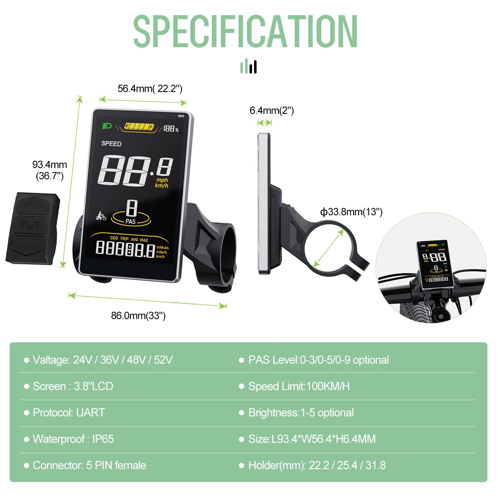 SW2-M58 EBike Display 3.8" Screen 0-9 PAS for BAFANG Mid Motor UART Protocol US