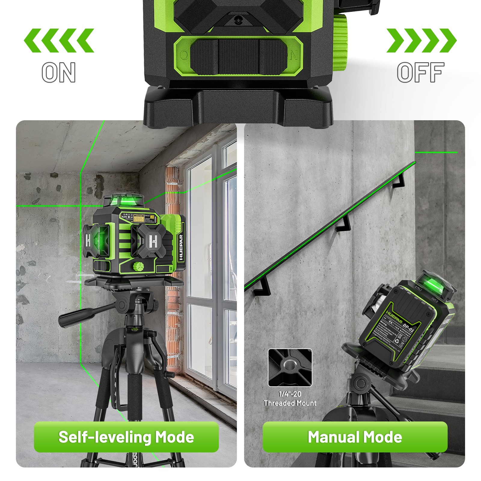 Huepar 3x360° Green Cross Line Bluetoothed Laser Level with Large LCD Screen