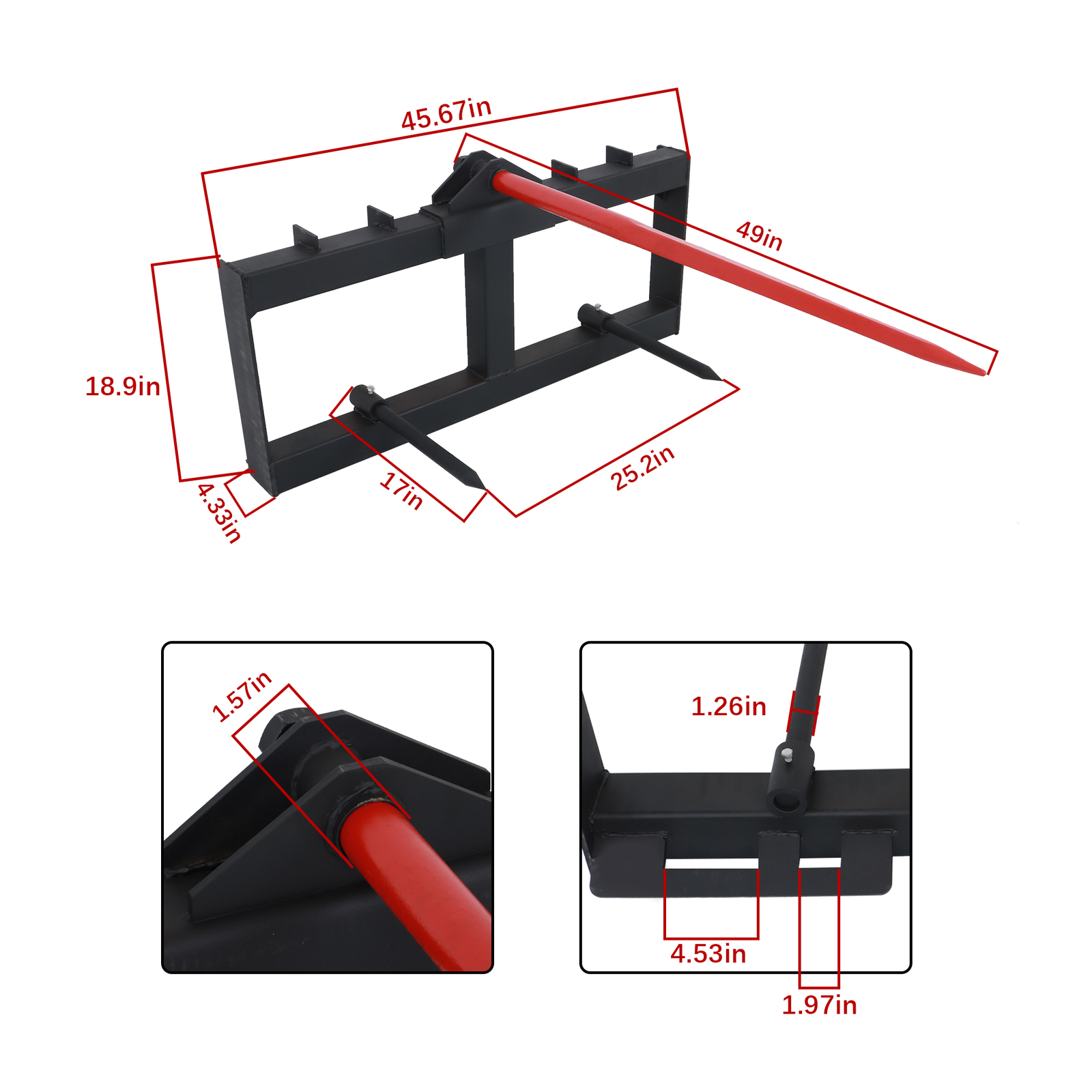 49" Tractor Hay Spear Sleeve Quick Attach Skid Steer Loader