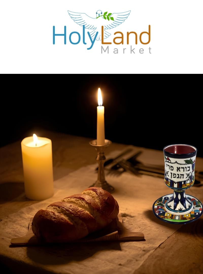 Holy Land Market Jerusalem View Ceramic Kiddush Cup Set with Matching Plate,