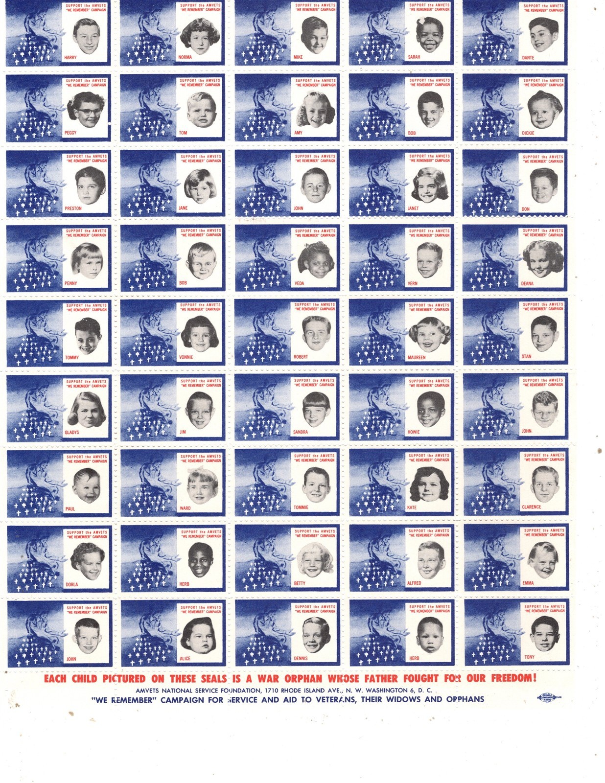 US Charity Stamp AMVETS American Veterans 1955 Thru 1964, 10 Full Sheets MNH