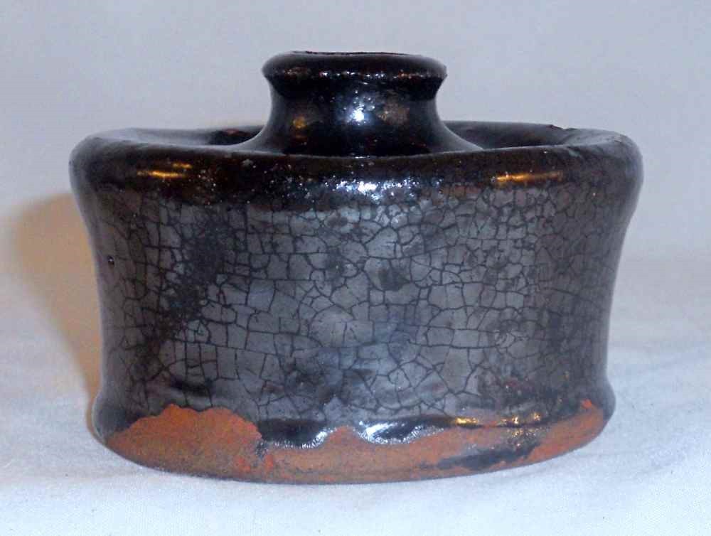 Antique Dark Brown Manganese Glazed Redware Inkwell with 3 Quill Storing Holes