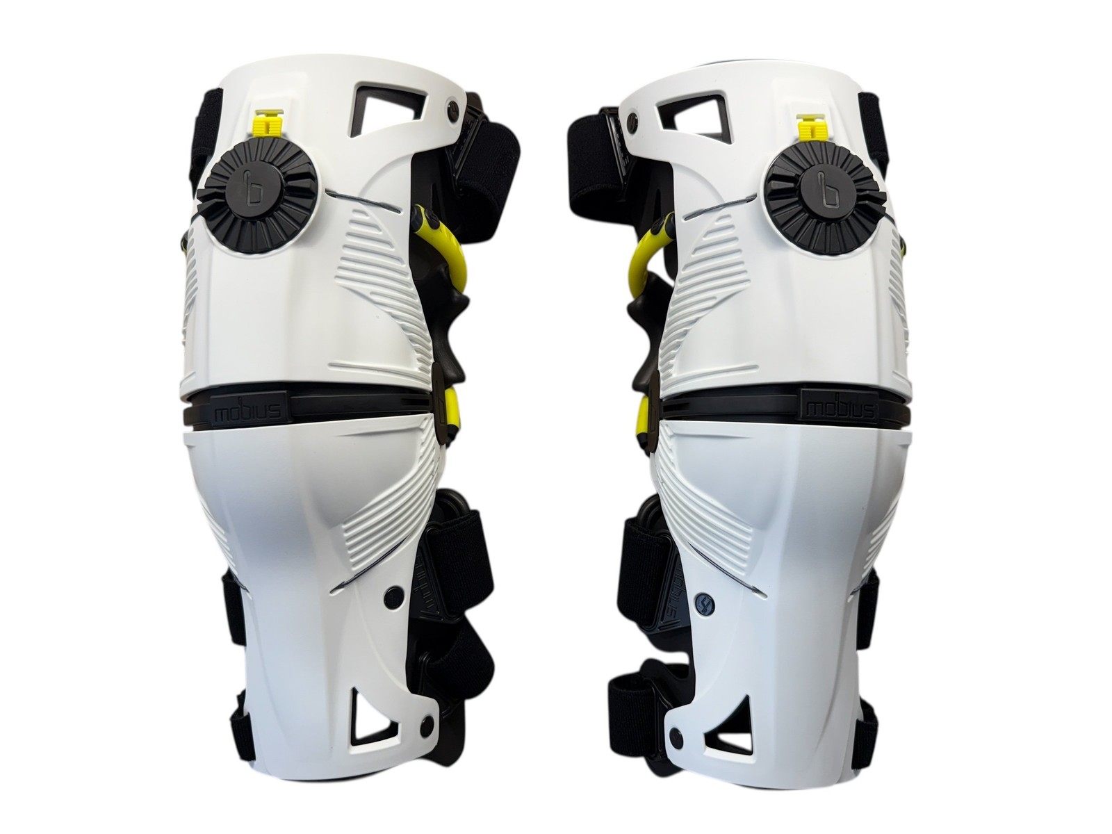Mobius X8 Knee Braces Small White / Acid Yellow PAIR Dirt Bike MX ATV - OPEN BOX