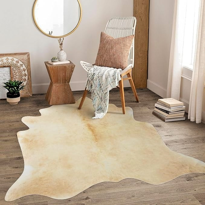 GENUINE BEIGE LARGE Cowhide Rug Leather Natural Hair on Cow Hide Carpet Skin