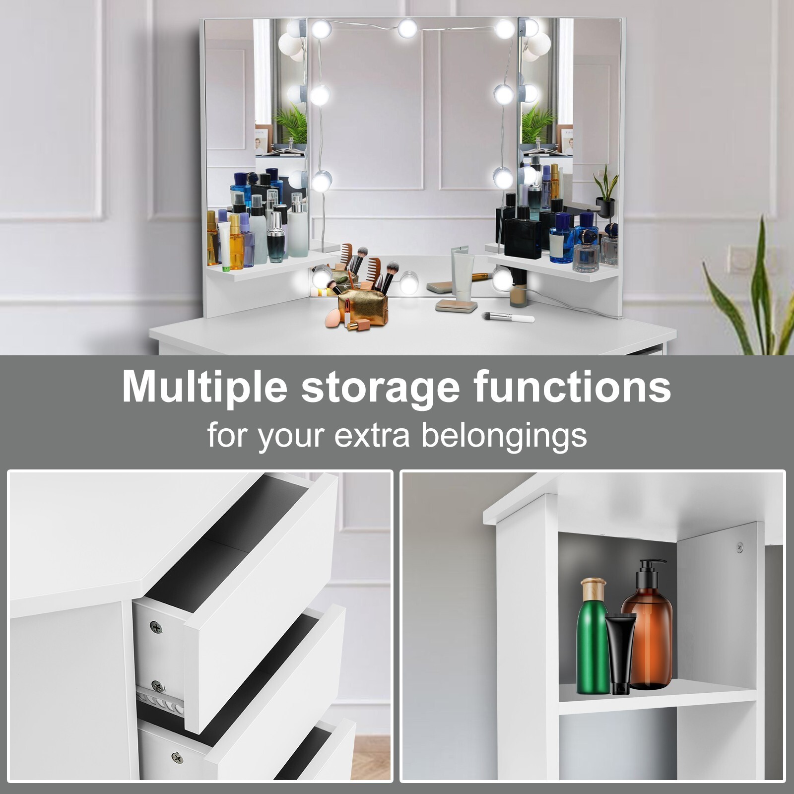 Corner Makeup Vanity Desk Bedroom Vanity Table with Lighted Mirror Girls Vanity~