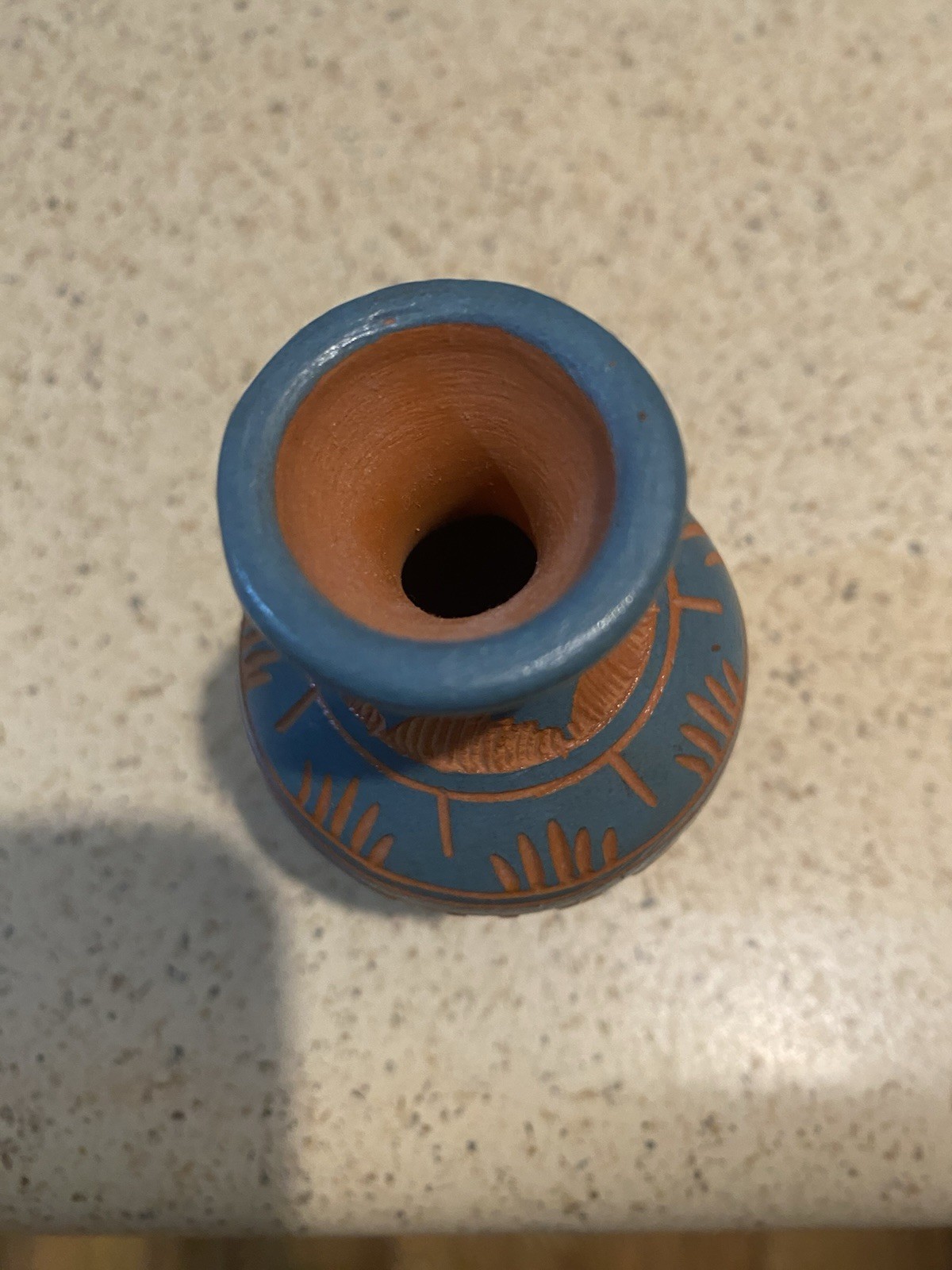 Signed Navajo Miniature Red Clay With Blue Overlay Etched Pottery Vase 4”