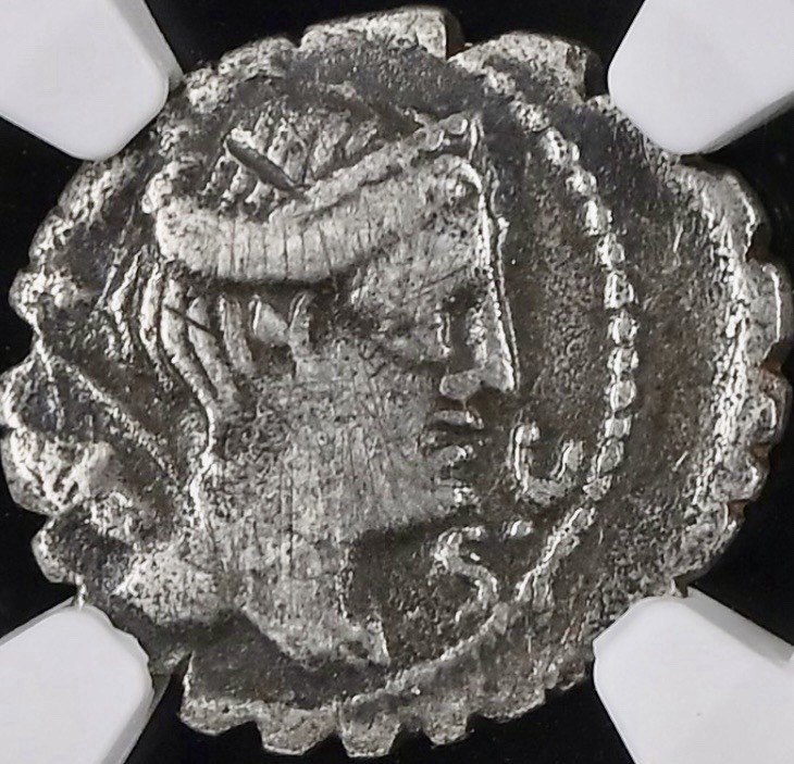 Tiberius Claudius Nero Roman Republic Silver Denarius 79BC NGC Genuine Serratus