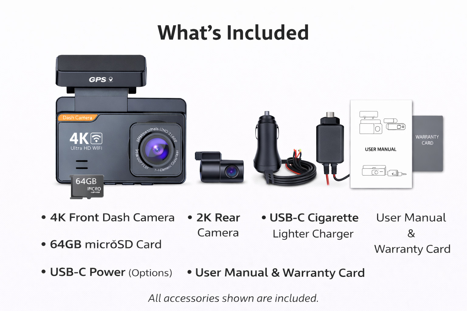 4K Dash Cam Front Rear WiFi GPS 64GB Hardwire Kit Dual Power Night Vision