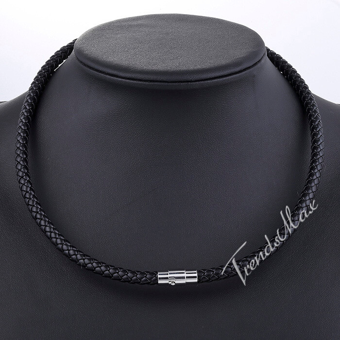 Men's Black Braided Leather Cord Necklace Choker Magnetic Clasp