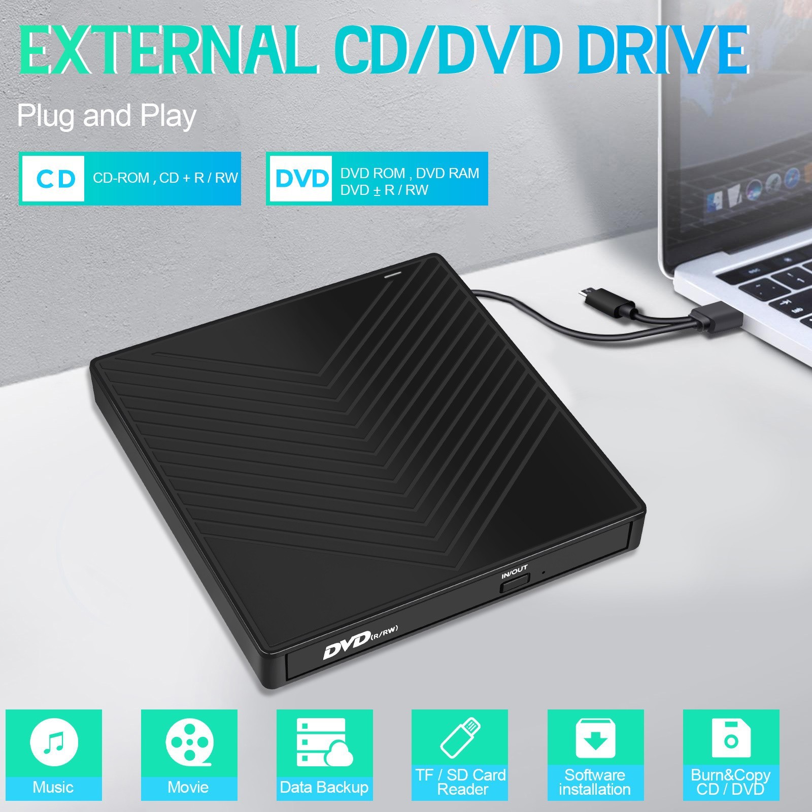 External CD DVD Drive USB 3.0 Writer Burner Player for PC Laptop Windows 11 10