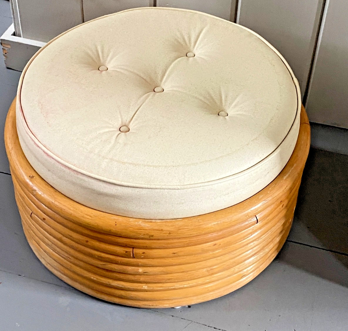 MCM Stacked 9 Band Bent Rattan Bamboo Ottoman Footstool Cushion Vtg Mid-Century