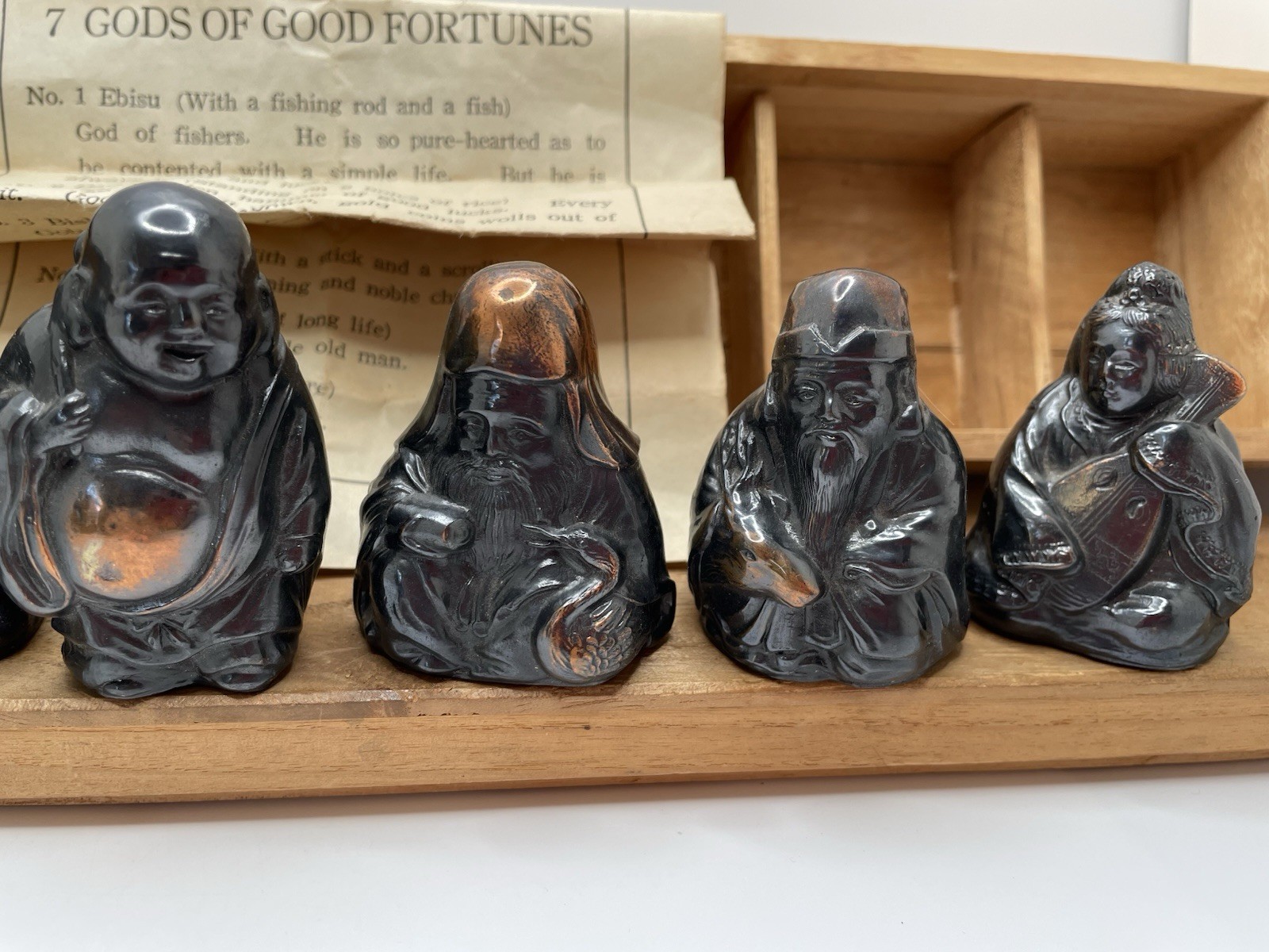 7 SEVEN IMMORTAL GODS Good Fortune Metal Numbered Figures Occupied JAPAN Box Vtg