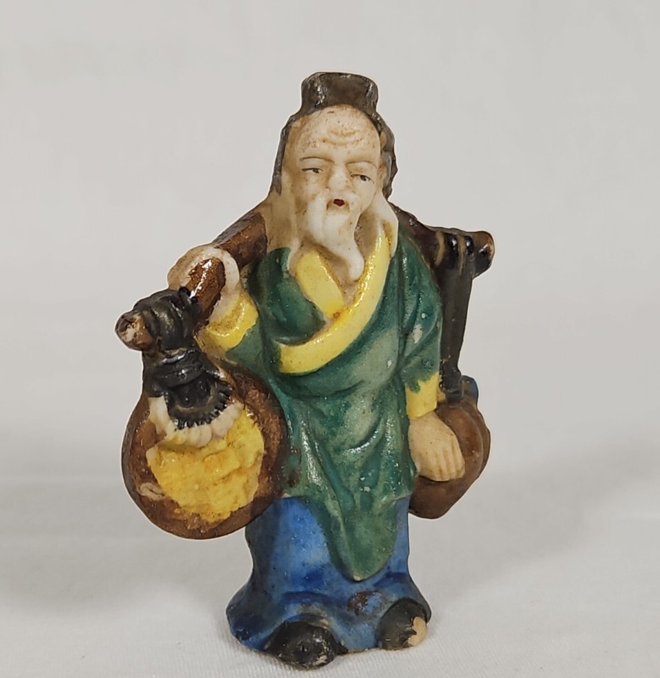 Vintage Japanese Miniature Figurine Yoke Bearing Man Coin Peach Peasant