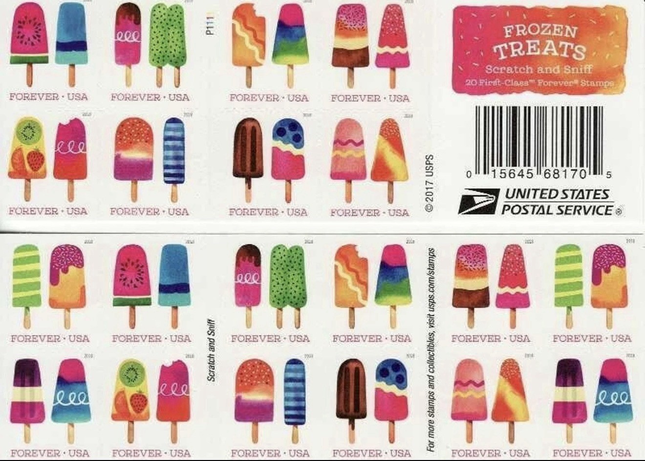 2018 USPS SHEET OF 20 FIRST CLASS LETTER STAMPS FROZEN TREATS 78¢