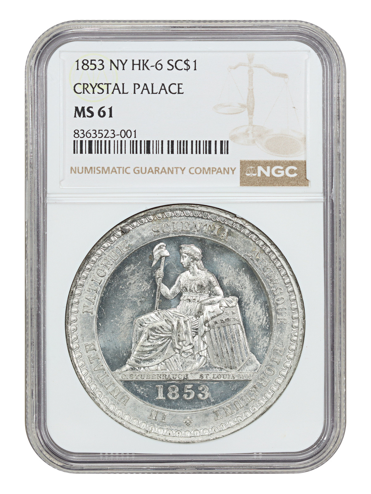 So Called Dollar: 1853 SC$1 Crystal Palace White Medakl NGC MS61 (HK-6, Type 1)