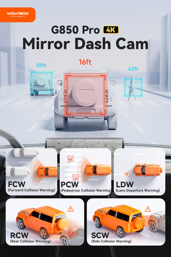 WOLFBOX G850 PRO 4K Mirror Dash Cam with ADAS & BSD, 5.8GHz WiFi Voice Control
