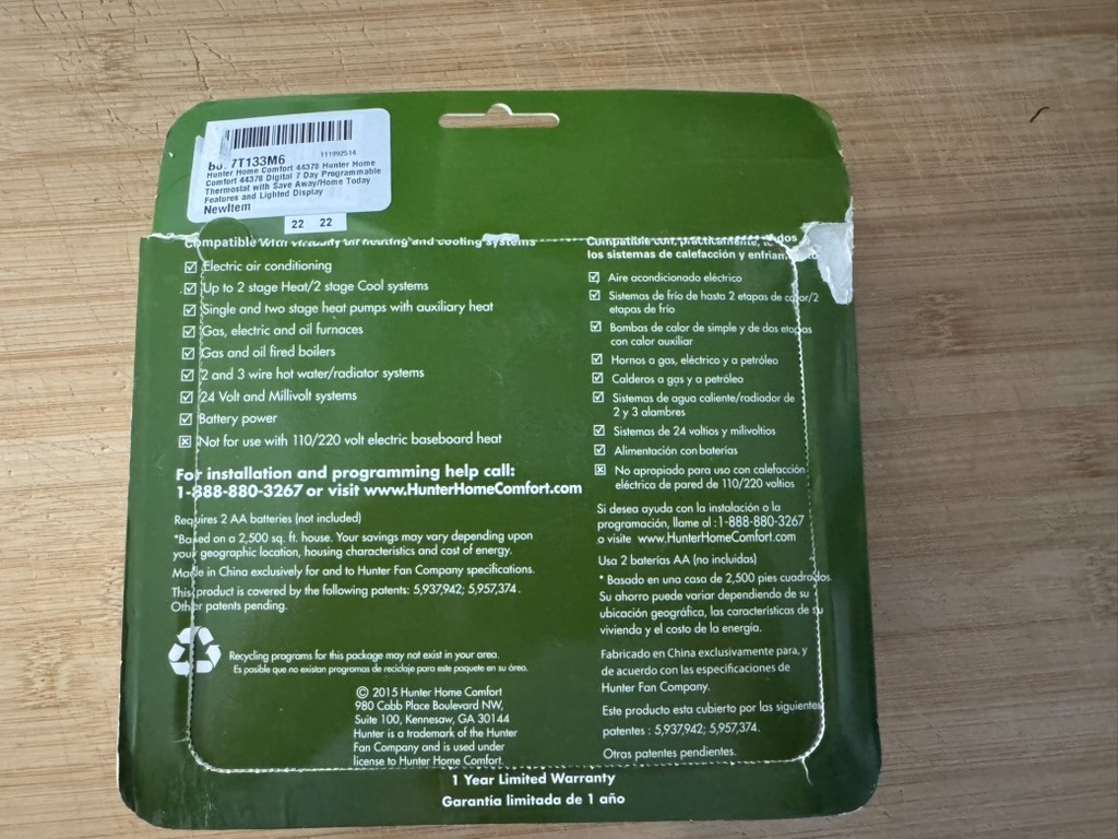 Hunter Home Comfort 44378 Digital 7 Day Programmable Thermostat White ProgramNEW