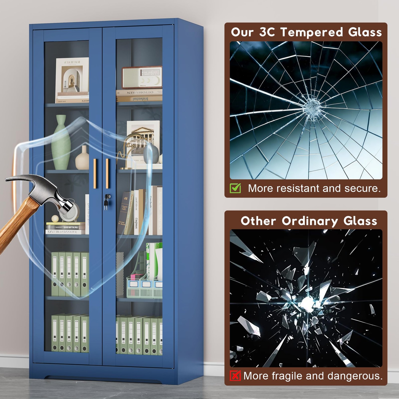 Liquor Bookcase with Doors 4 Adjustable Shelves Lockable Display Cabinet Blue