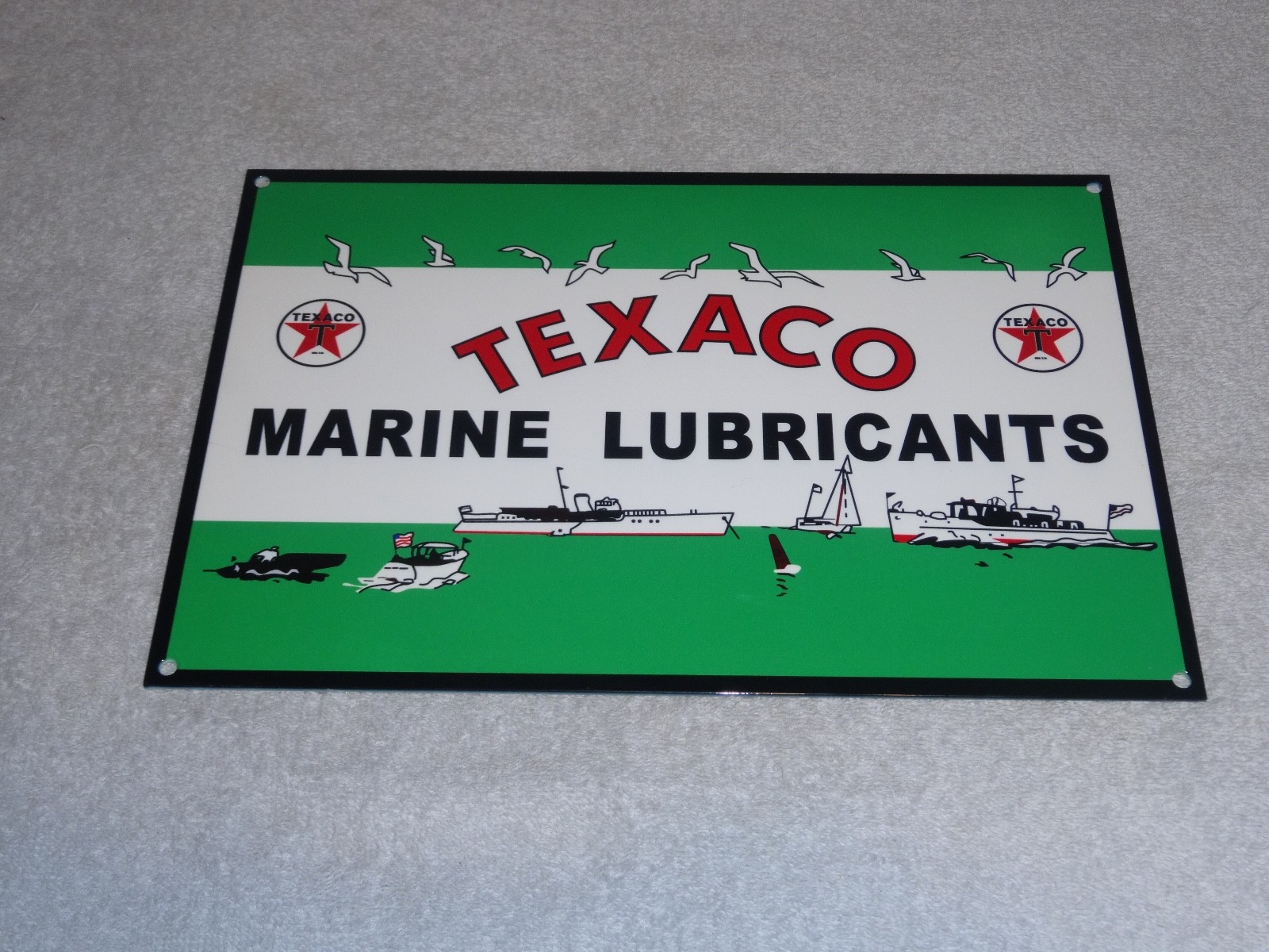 VINTAGE TEXACO MARINE LUBRICANTS W/ BOATS 12" METAL OUTBOARD GASOLINE & OIL SIGN