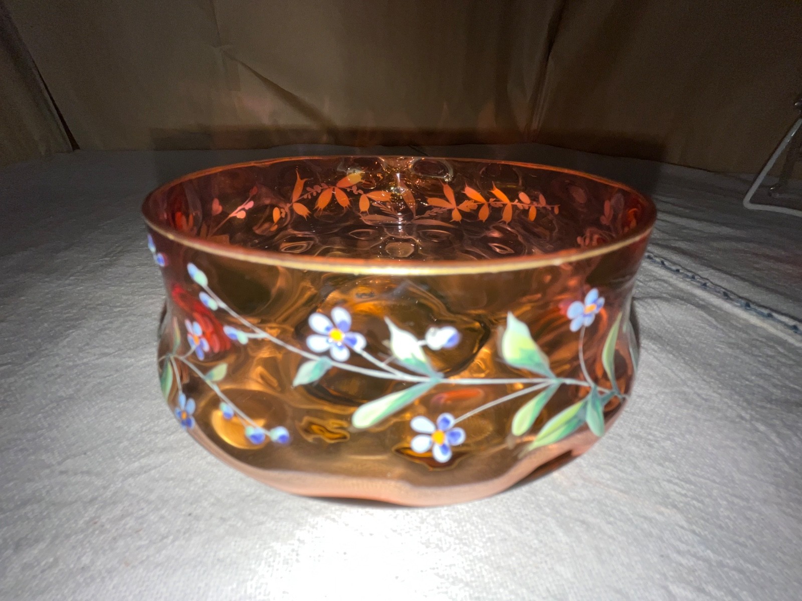 Victorian Enameled Amberina Low Bowl-Floral Sprigs-Victorian-Late 1800’s