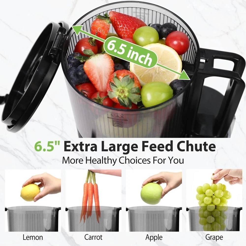 Cold Press Juicer 350W Slow Masticating Juice Extractor 6.5in Wide Feed Chute