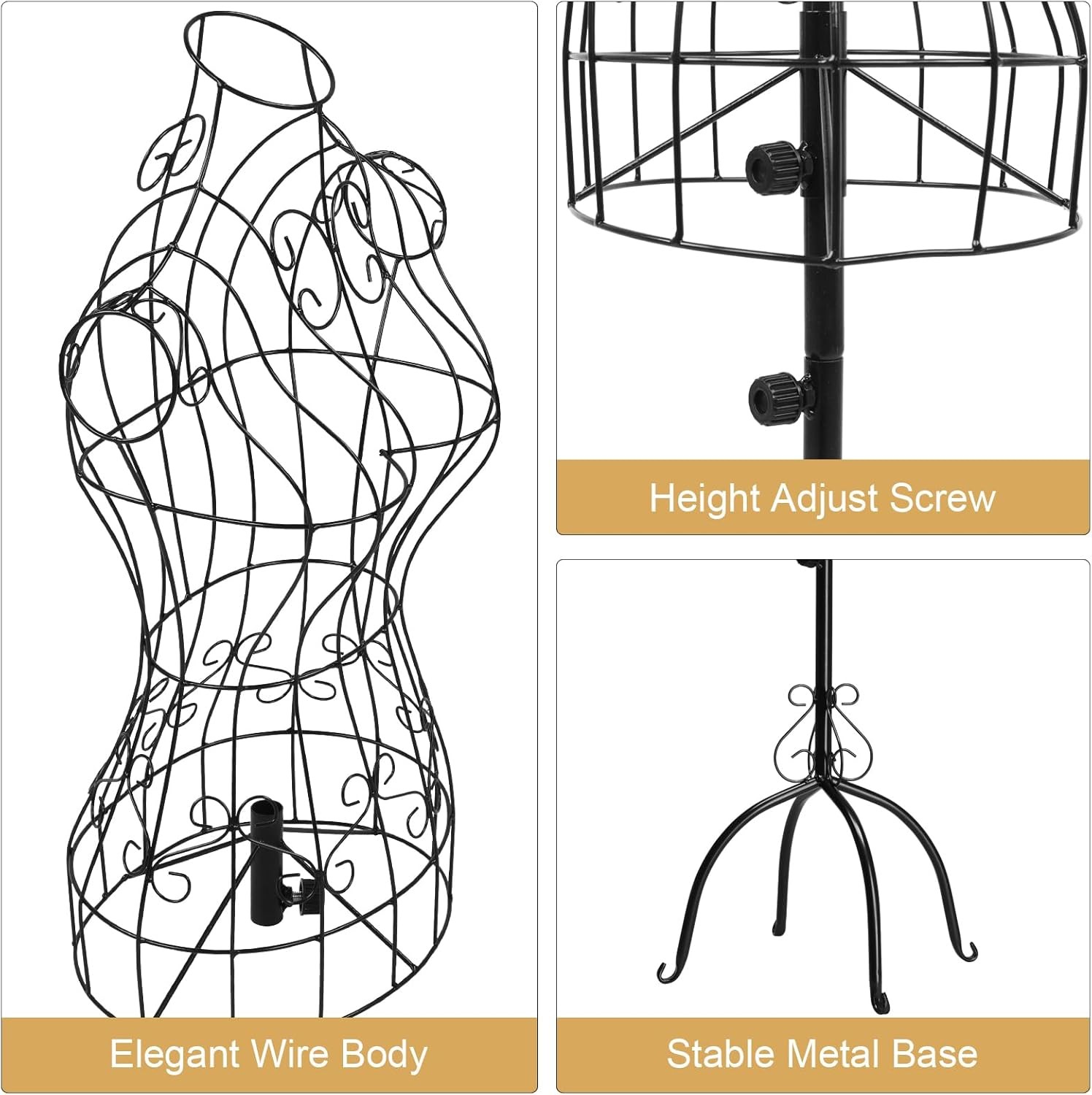 Vintage Adjustable Wire Dress Form Vintage, Black Metal Mannequin 44"-65" Height