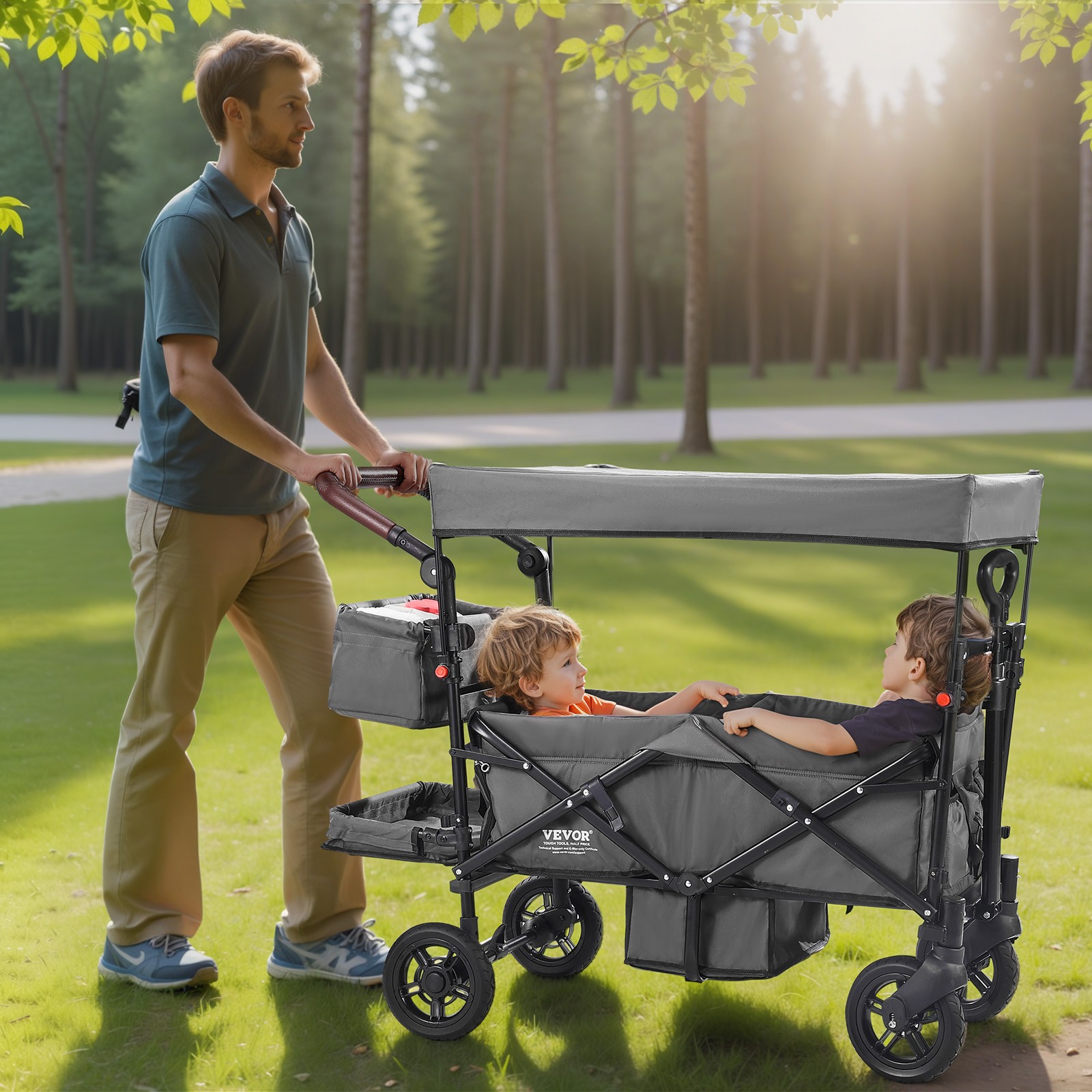 Wagon Stroller Collapsible Double Stroller for 2 Kids w/ Canopy Dark Grey