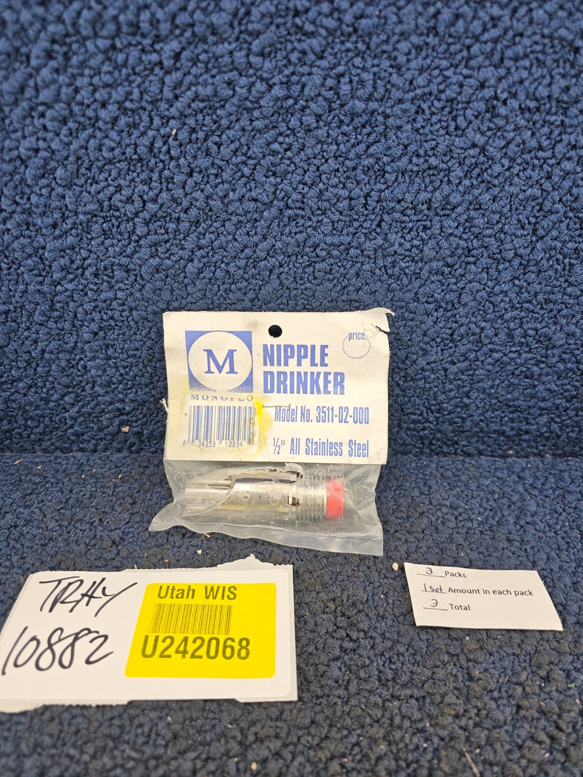 (QTY 3) MONOFLO 3511-02-000: 1/2" All Stainless Steel Nipple Drinker